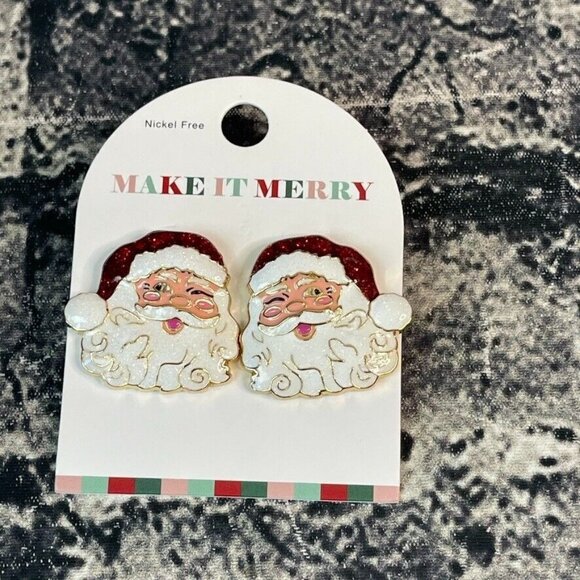 Make It Merry Santa Glitter Enamel Pierced  Earrings Winter Holiday Christmas - Picture 1 of 5